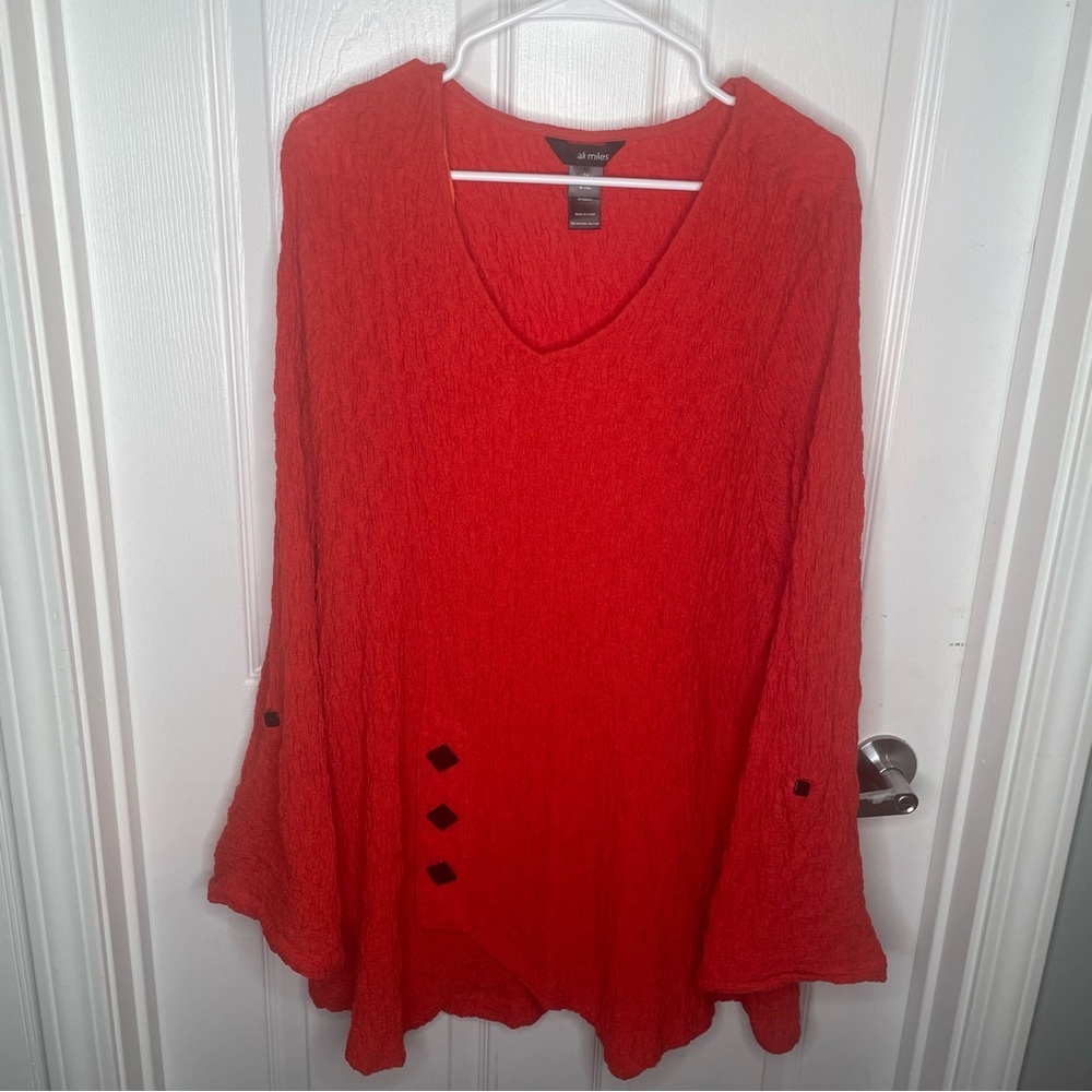 Ali Miles Textured Crinkle Art To Wear Artsy Tunic In Red Roll Tab Sleeve 2x